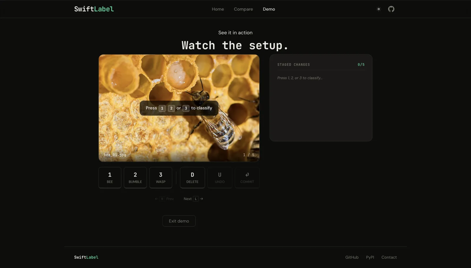 SwiftLabel demo page showing an insect-labeling example and keyboard shortcuts